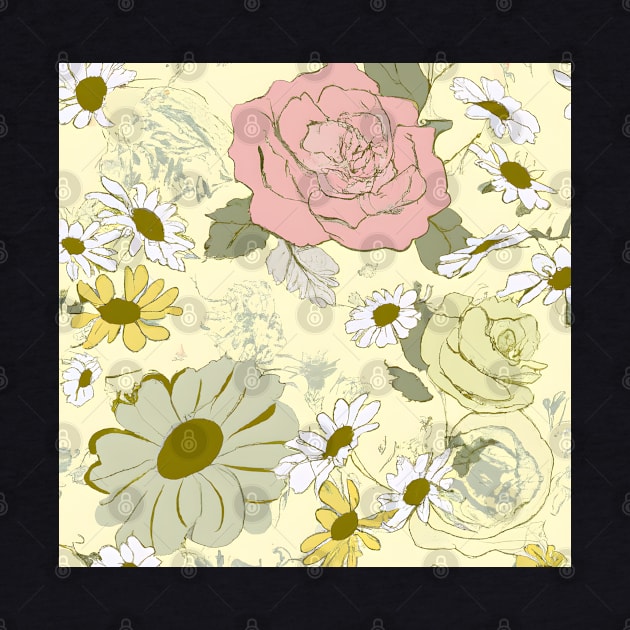 Vintage Floral Design: Hand-Drawn Daisies and Roses on a Pale Yellow Canvas. by Zenflow